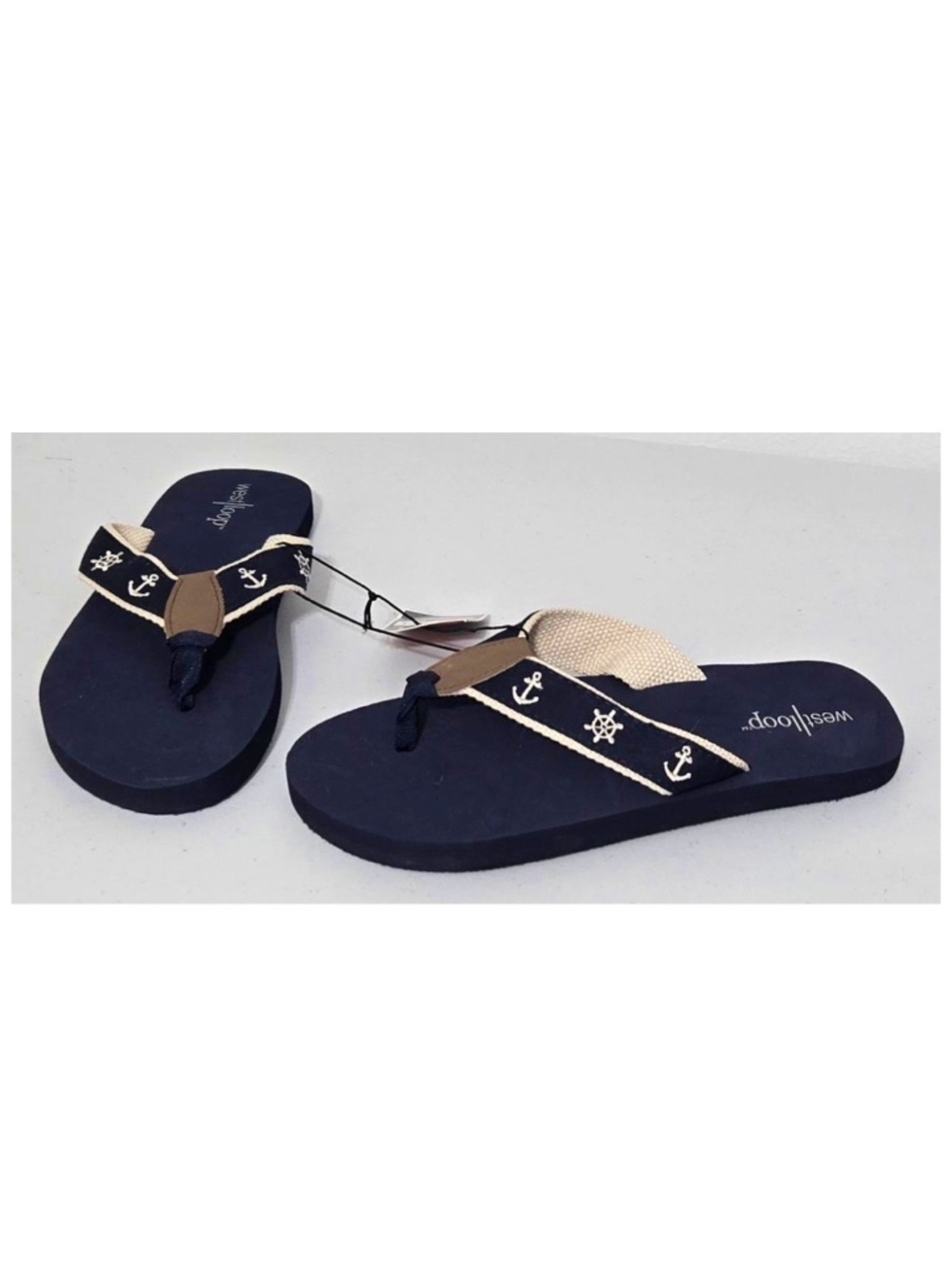New West Loop Flip Flops Womens Small 5 6 Blue Tan Nautical Coastal Sandals NWT